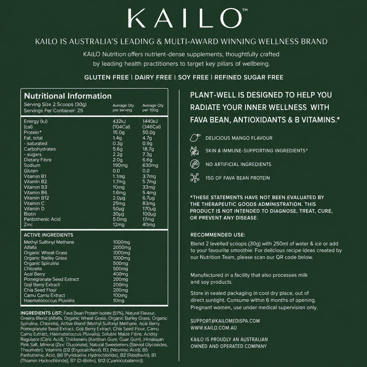 Plant Well (Plant Protein Super Greens) - Mango 750g